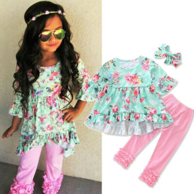 

AU Stock Toddler Girls Kids Floral Tops Pants Headband 3Pcs Outfits Set Clothes