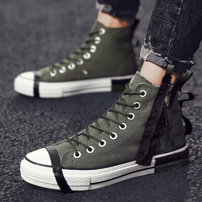 

New Zipper Canvas Shoes Mens High Uppers Black Plate Shoes Uzzang Port Trendy Shoes