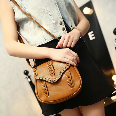 

New Fashion Women Crossbody Bag PU Leather Hollow Out Woven Braided Vintage Casual Shoulder Bag