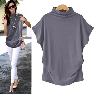 

Nomeni Women Turtleneck Short Sleeve Cotton Solid Casual Blouse Top T Shirt Plus BKL