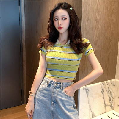 

Women Summer Fashion Slim Fit Concise Sexy Striped All-match Short Style Lapel T-shirts