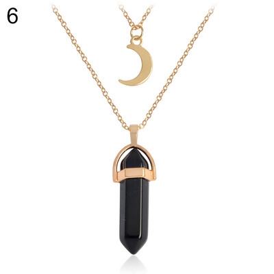 

Womens Stylish Moon Hexagon Prism Stone Pendant Double Layers Chain Necklace