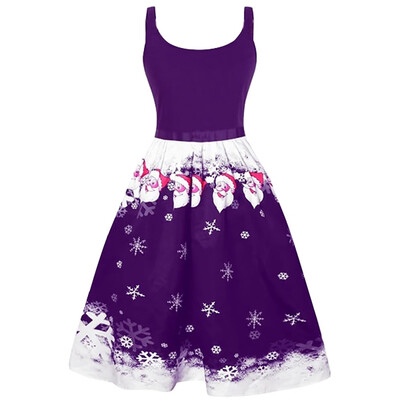 

Tailored Women Cold Shoulder O-Neck Christmas Santa Claus Snow Print Vintage Party Dress