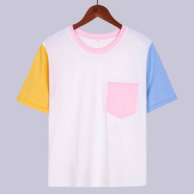 

Nomeni Women Casual Color Patchwork Pocket Short Sleeve Top Blouse Crop Tops Shirt