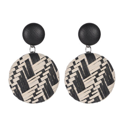 

Boho Women Geometric Round Button Woven Straw Dangle Stud Earrings Jewelry
