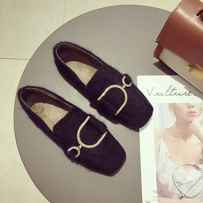 

Doudou Shoes Female Autumn Korean Baitao Net Red Metal Buttoned Fur Shoes Soft Bottom Square Head Flat sole Single Shoes