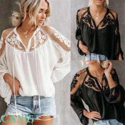 

New Women Lace Hollow Plain Blouse Loose Tops Ladies Long Sleeve T-Shirt Blouse