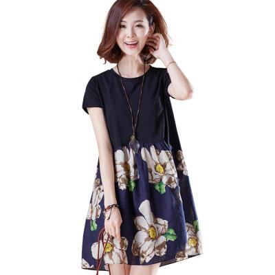 

Floral Print Dress Women Summer Splicing O-neck Short Sleeve Loose Dresses