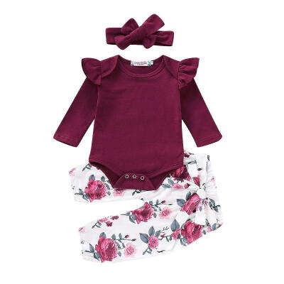 

3Pcs New Toddler Kids Baby Girls Long Sleeve Romper Floral Pants Headband Outfit Clothes Set