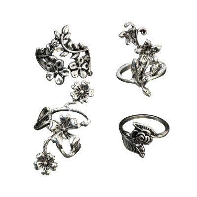 

4Pcsset Vintage Carved Rose Flower Leaf Knuckle Ring Set Ancient Sterling Silver Hollow Flowers Vine Leaves Rings