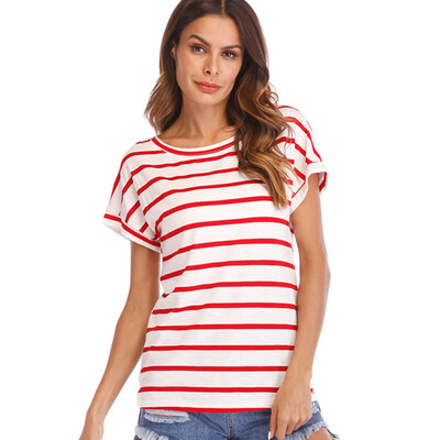 

Loose Striped Brief Short Sleeve O-neck Women Lady Clothing T-Shirts Tops T Shirt Casual Tee Lady Summer