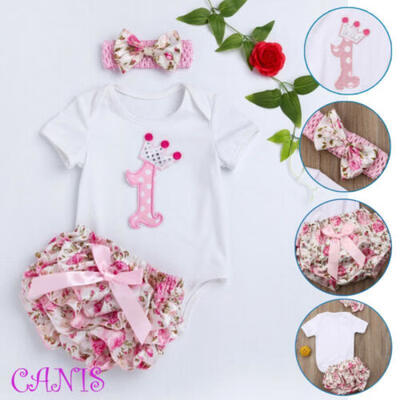 

US Newborn Baby Girl 1st Birthday RomperShortsHeadband Party Outfits Set 0-24M