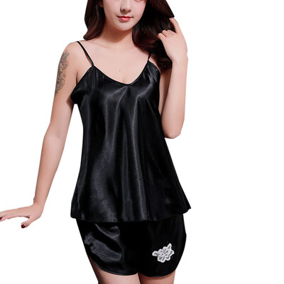 

Toponeto Womens Sexy Satin Lingerie Sleeveless Pajamas Embroidery Flower Set Underwear