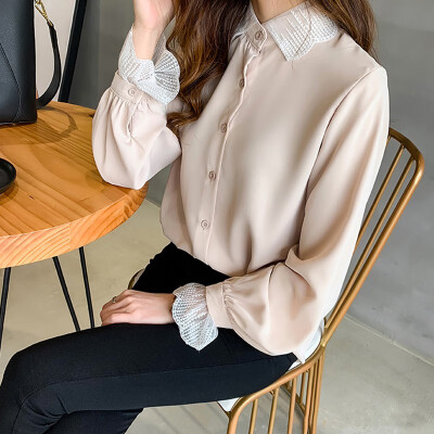 

2019 New Autumn Fashion Lace Patchwork Long Sleeve Chiffon Blouse Office Lady Sweet 2XL Blouses