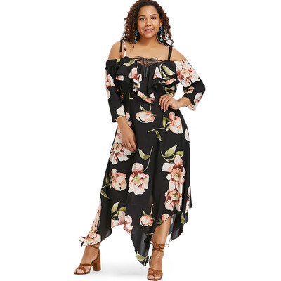 

Cold Shoulder Plus Size Floral Maxi Handkerchief Dress