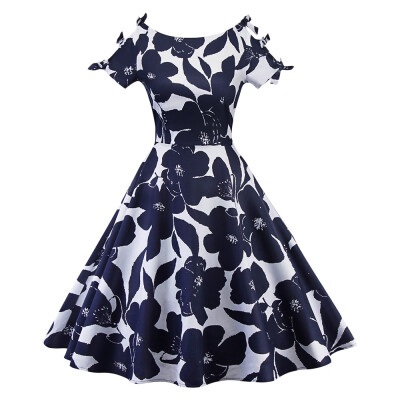 

Boat Neck Short Sleeve Floral Print Tied Bowknot A-line Women Dress