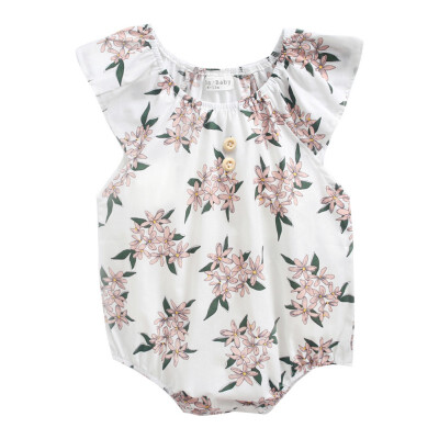 

Summer Fashion Baby Girl Floral Rompers Jumpsuit Small Flying Sleeve Romper White Cotton Round Neck Romper