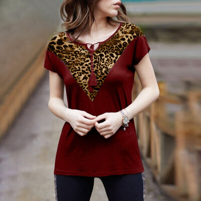 

Nomeni Women Summer Leopard O Neck Vest Tank Shirt Short Sleeve Casual Tops Blouse