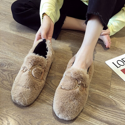 

Flat shoes womens autumn Korean version of metal buckle round head mouth pouring shoes Joker ins tide Mao Mao shoes