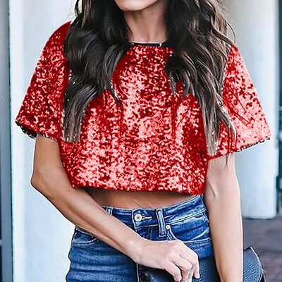 

Nomeni Women Sexy Loose Sequin Glitter Blouses Summer Casual Shirts