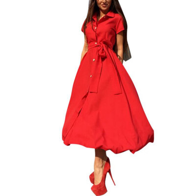 

Women Office Lady Chiffon Lapel Button Lace Up Solid Color Long Shirt Spring Summer Short Sleeve Maxi Dress