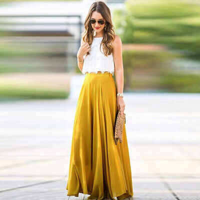 

Summer Women Fashion Stretch High Waist Maxi Dress Flared Pleated Chiffon Skirt