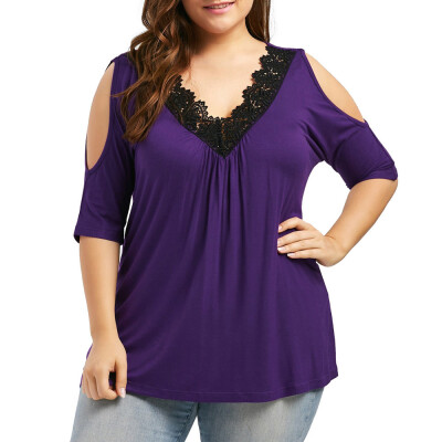 

Roseonmyhand Fashion Womens Plus Size Lace Trim V Neck Cold Shoulder Strapless Tops Blouse