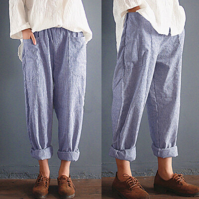 

Tailored Women High Waist Vintage Striped Loose Cotton Linen Long Trousers Pants BKL