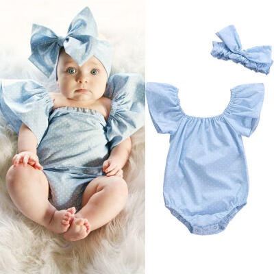 

0-24M Cute Newborn Baby Girls Off Shoulder Romper Bodysuit Headband Sunsuit Outfits Clothes