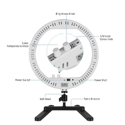 

13 Inch Selfie Desktop LED Ring Light 30W Stepless Dimmable Fill Light 3200K-5600K with Mirror Table Bracket Phone Holder Lighting