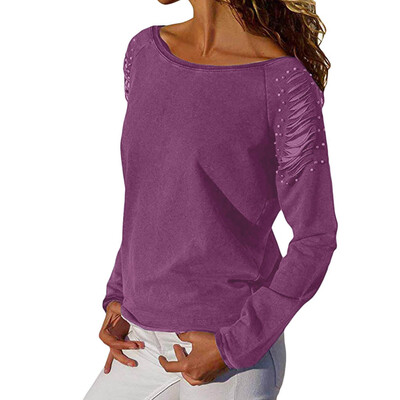 

Starmoon Womens Casual Strappy Cold Shoulder Long Sleeve Pearl Beaded T-Shirt Tops Blouse