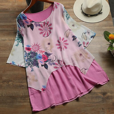 

Fashion Women Dress Floral Print O Neck Half Sleeve Irregular Hem Layer Mini Dress Long Blouse BeigePurpleWhite