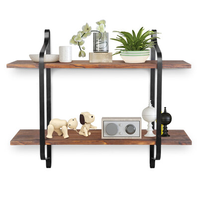 

2 Tier Floating Shelves Wall Mounted Bookcase Heavy Duty Wine Shelf Rustic Wood Wall Shelves for Living Room Bedroom Bathroom
