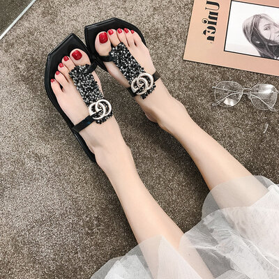 

The Korean version of summer fashion wear toe shoes fairy rhinestone port wind flat bottom drag beach sandals