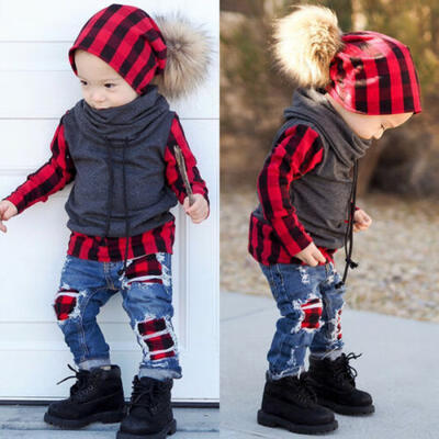 

US Kids Baby Boy Plaid Tops Shirt Denim Jeans Pants Leggings 2PCS Outfit Clothes