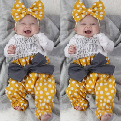 

Casual Newborn Baby Girl Tops Romper Dot Bowknot Long Pants 3Pcs Outfits Clothes