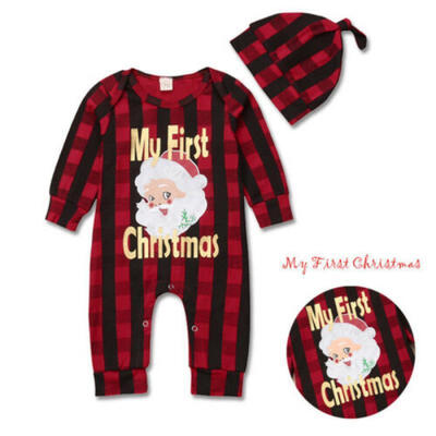 

US Stock Newborn Baby Boy Girl Christmas Romper Bodysuit PajamasHat Outfits Set