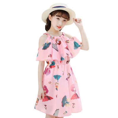 

Teen Kids Girls Cartoon Chiffon Off Shoulder Short Sleeve Gallus Girdling Dress