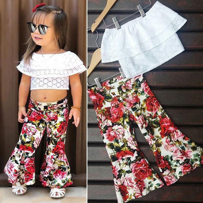 

2PCS Kids Girls Off Shoulder Crop Tops Floral Pants Leggings Clothes Outwear