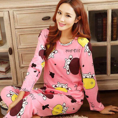 

Women Cow Cartoon Print Long Sleeves Pajama Sets Cute Loose Round Neck Sleepwear Spring Autumn Home Clothes