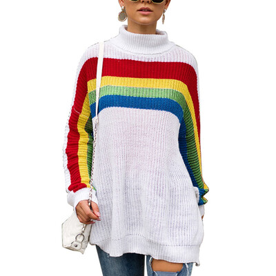 

Womens loose high collar rainbow casual sweater