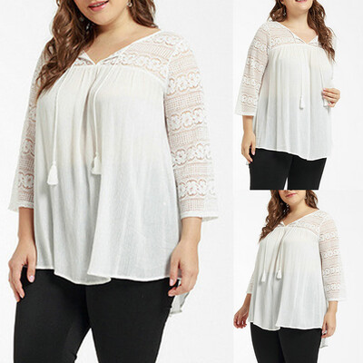 

Roseonmyhand Fashion Women Plus Size V-Neck Solid Lace Up Three Quarter Sleeve Tops Blouse