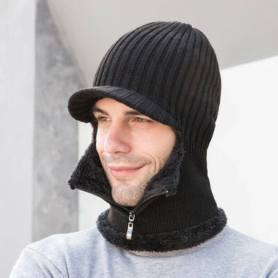 

Men Winter Warm Hat Knit Visor Beanie Fleece Lined Beanie Brim Cap Scarf Zipper