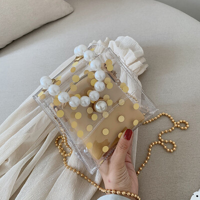 

Summer mini transparent bag fashion fresh jelly chain womens bag new 2019 pearl one - shoulder slung small square bag