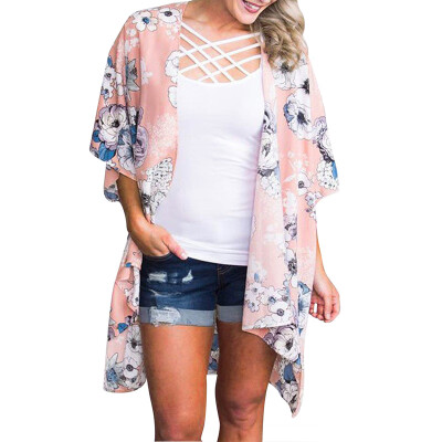 

Women Chiffon Kimono Floral Print Open Front Half Sleeve Irregular Low High Hemline Casual Bikini Cover Up