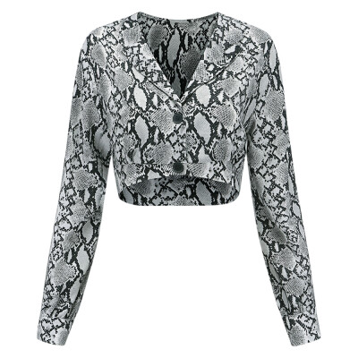 

V Neck Turn-down Collar Long Sleeve Snakeskin Pattern Button Women Crop Top