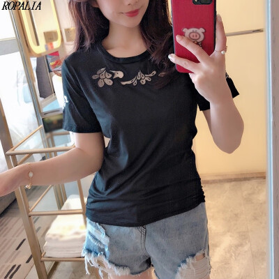 

Womens Round Neck Mesh Floral Embroidery Short Sleeve Hollow Out Slim Basic T-Shirt