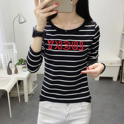 

Women Slim Round Collar Summer Stripe Print Loose Long Sleeve Casual Simple Wild T-Shirt