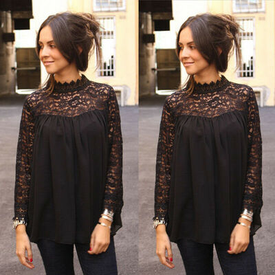 

Women Sexy Solid Lace Cold Shoulder Long Sleeve Slim Blouse Top T-Shirt