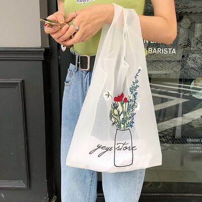 

New Solid Color Totes Light Mesh Handbag Rose Embroidery Portable Shopping Bag Elegant Girl Tote Bag